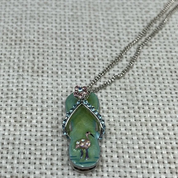 Vintage Sterling Silver Flip-Flop Pendant Necklace with Flamingo & Crystals, 18” - Picture 6 of 15